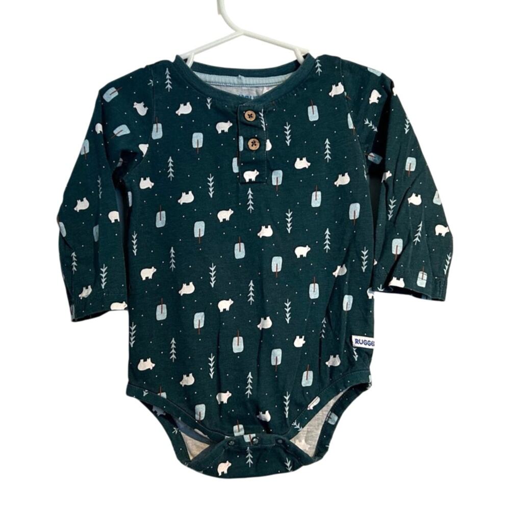 Rugged Butts Long Sleeve Henley Bodysuit – Dark Green, Toddler Boys 18–24M